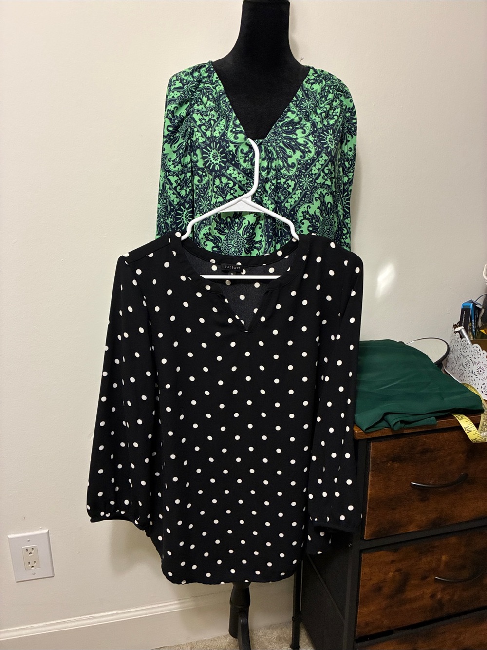 Polka Dot V-Neck 2 Blouse - Black/White and green.